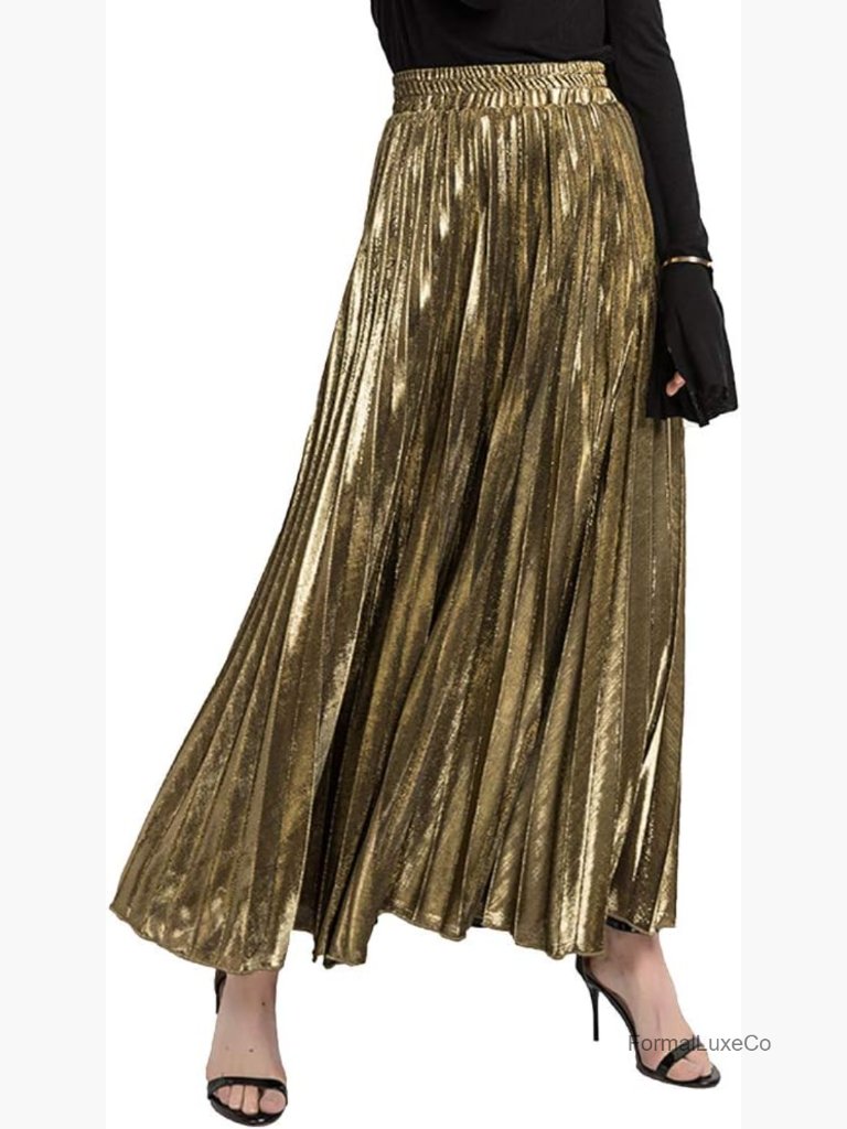 Premium Gold Shiny Accordion Pleated Long Maxi Skirt